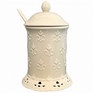 Skye McGhie 2005 Cream Lace Fine Porcelain Jam Container Lid & Spoon